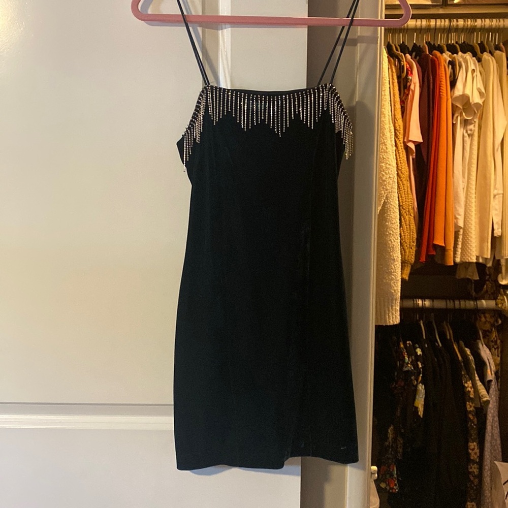 Zara green velvet dress with rhinestone fringe detail